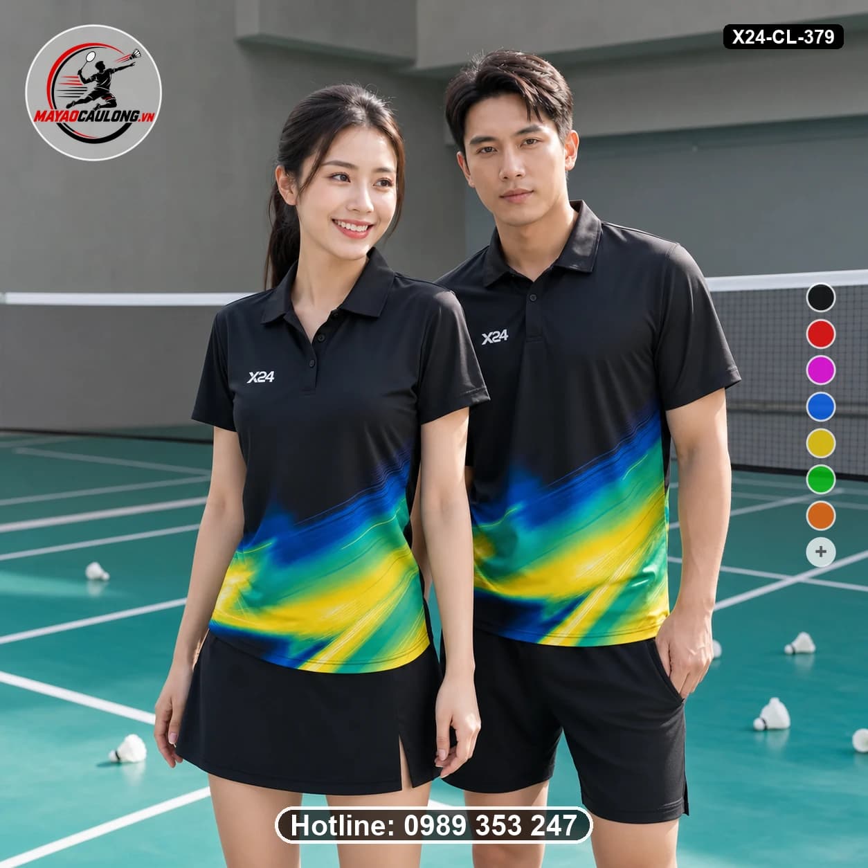 Áo cầu lông đặt may X24-CL-379 đen, xanh dương, xanh lá, vàng áo có cổ, tay ngắn - ảnh sản phẩm 1