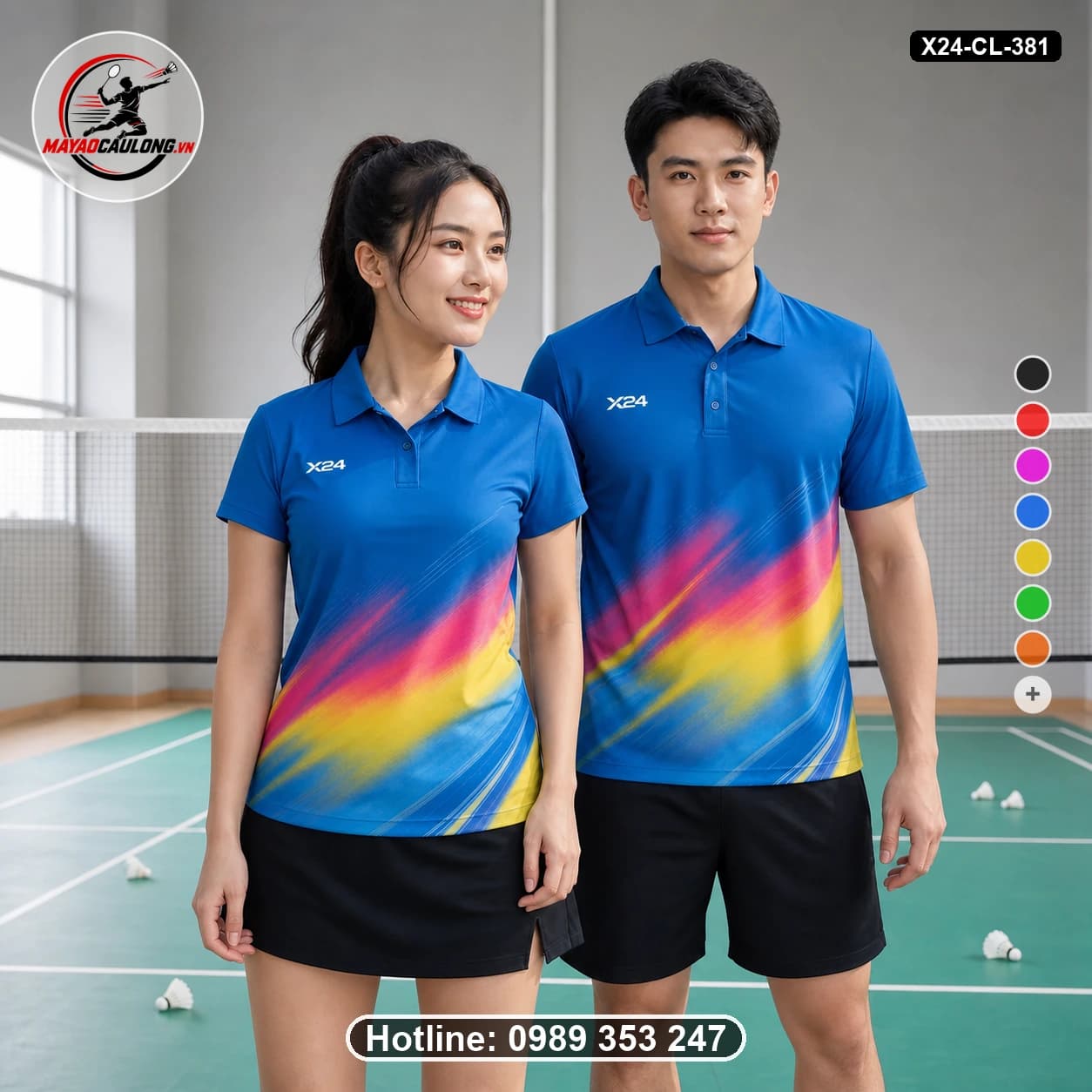 Áo cầu lông đặt may X24-CL-381 xanh dương, hồng, vàng, xanh cyan, đen áo có cổ, tay ngắn - ảnh sản phẩm 1