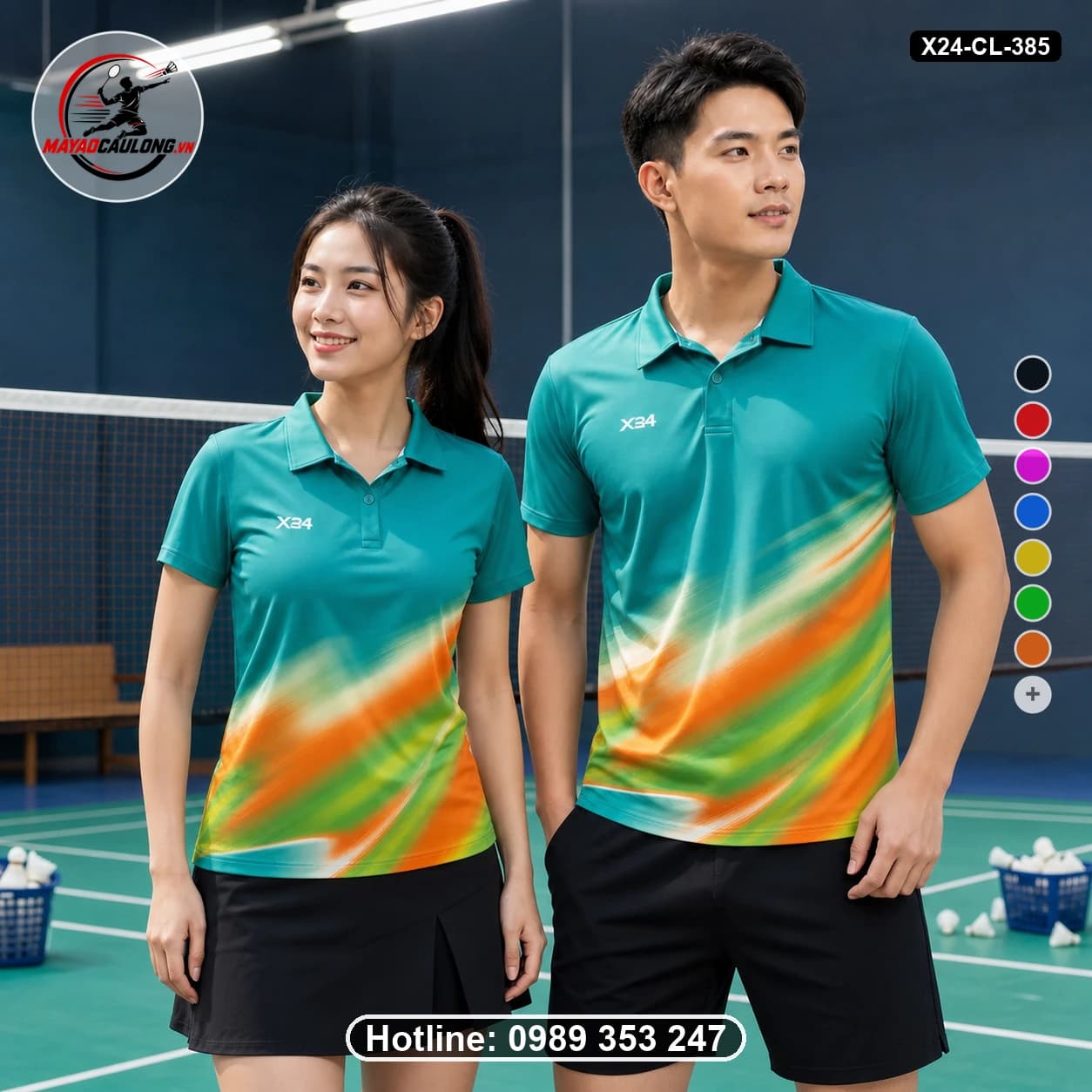 Áo cầu lông đặt may X24-CL-385 xanh ngọc, xanh lá, cam, vàng, trắng, đen áo có cổ, tay ngắn - ảnh sản phẩm 1