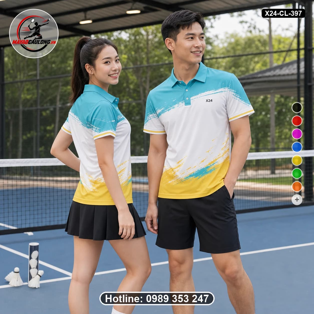 Áo cầu lông đặt may X24-CL-397 xanh ngọc, trắng, vàng áo có cổ, tay ngắn - ảnh sản phẩm 1