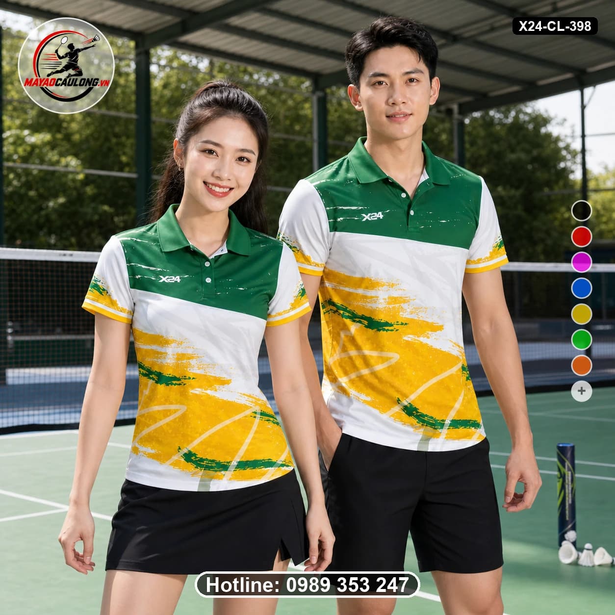 Áo cầu lông đặt may X24-CL-398 xanh lá, trắng, vàng áo có cổ, tay ngắn - ảnh sản phẩm 1