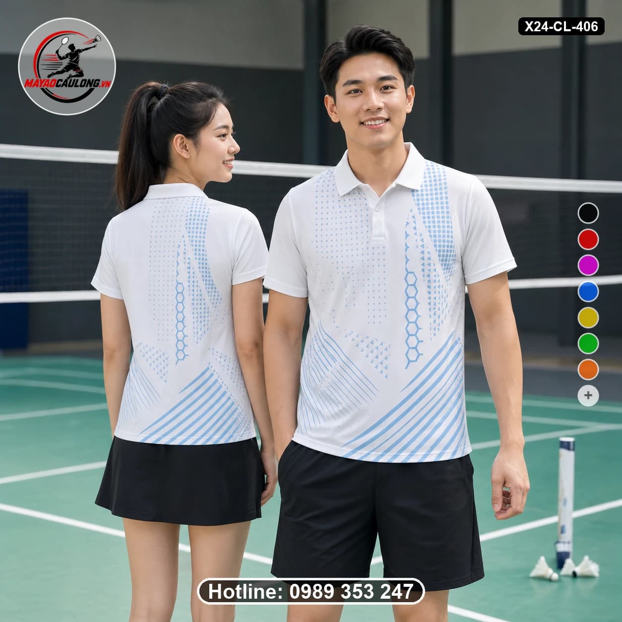 Áo cầu lông đặt may X24-CL-406 trắng, xanh da trời, xanh nhạt áo có cổ, tay ngắn - ảnh sản phẩm 1
