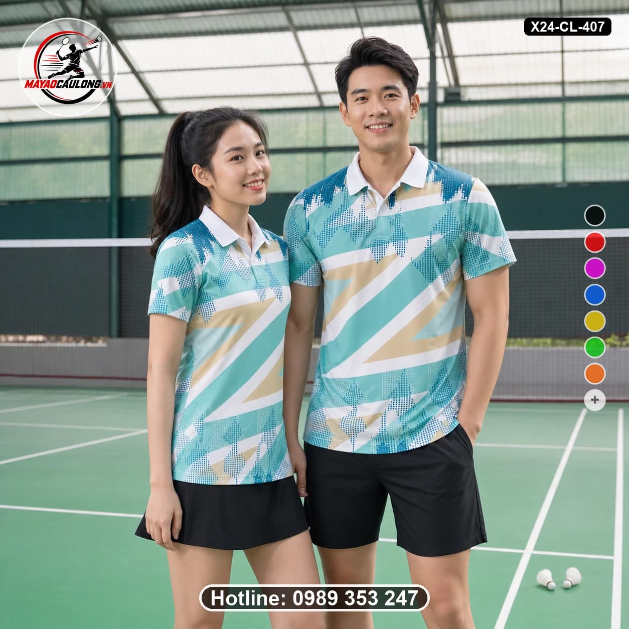 Áo cầu lông đặt may X24-CL-407 xanh ngọc nhạt, trắng, kem áo có cổ, tay ngắn - ảnh sản phẩm 1