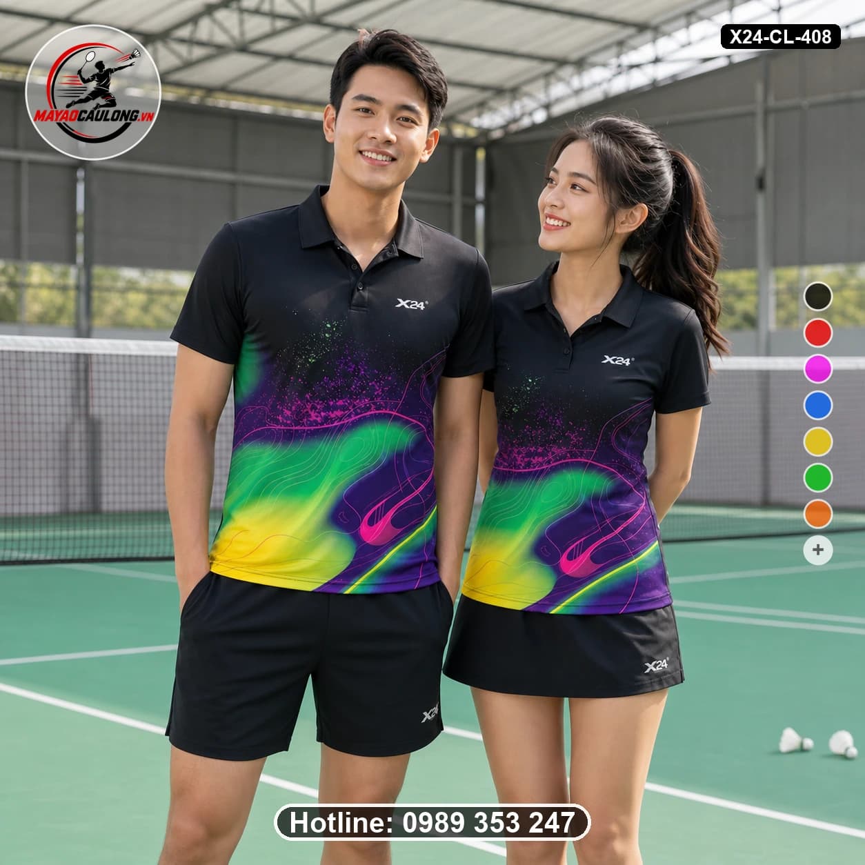 Áo cầu lông đặt may X24-CL-408 đen, tím, hồng, xanh lime, vàng áo có cổ, tay ngắn - ảnh sản phẩm 1