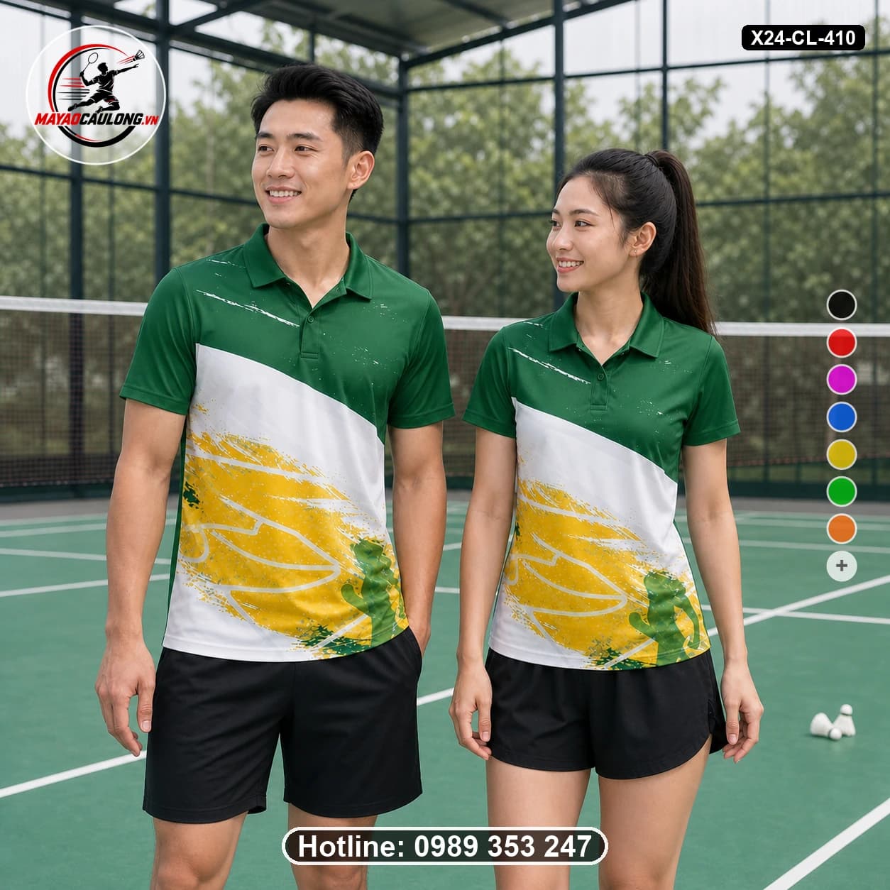 Áo cầu lông đặt may X24-CL-410 xanh lá đậm, trắng, vàng áo có cổ, tay ngắn - ảnh sản phẩm 1