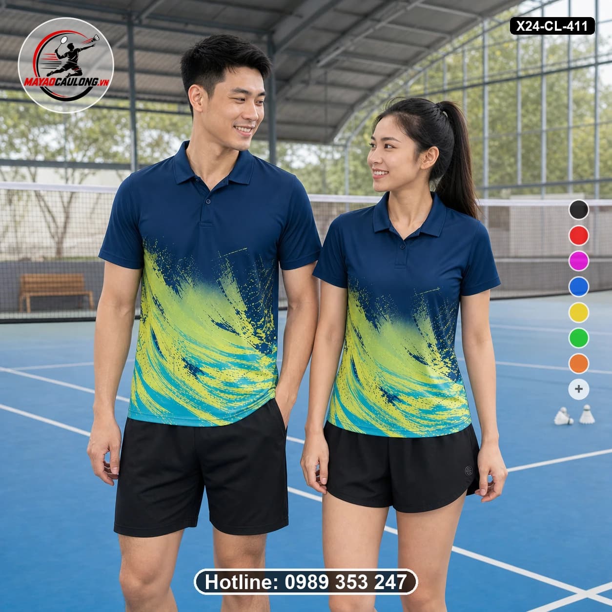 Áo cầu lông đặt may X24-CL-411 xanh navy, xanh lime, xanh cyan áo có cổ, tay ngắn - ảnh sản phẩm 1