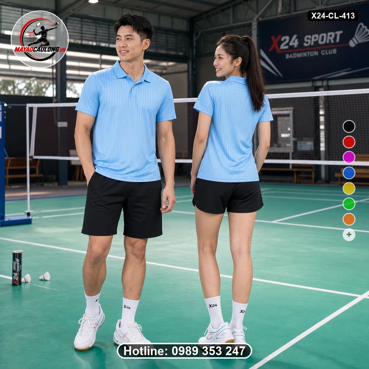 Áo cầu lông đặt may X24-CL-413 xanh da trời, trắng áo có cổ, tay ngắn - ảnh sản phẩm 1