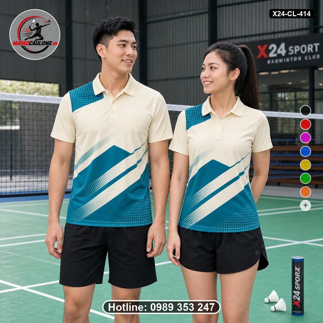 Áo cầu lông đặt may X24-CL-414 kem, xanh teal, trắng áo có cổ, tay ngắn - ảnh sản phẩm 1