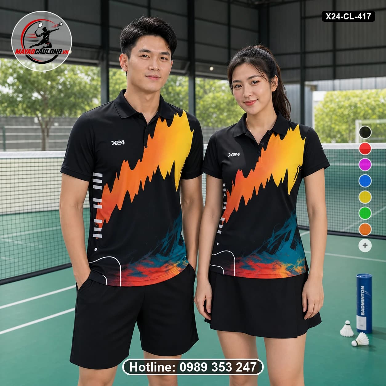 Áo cầu lông đặt may X24-CL-417 đen, vàng, cam, xanh teal, đỏ áo có cổ, tay ngắn - ảnh sản phẩm 1