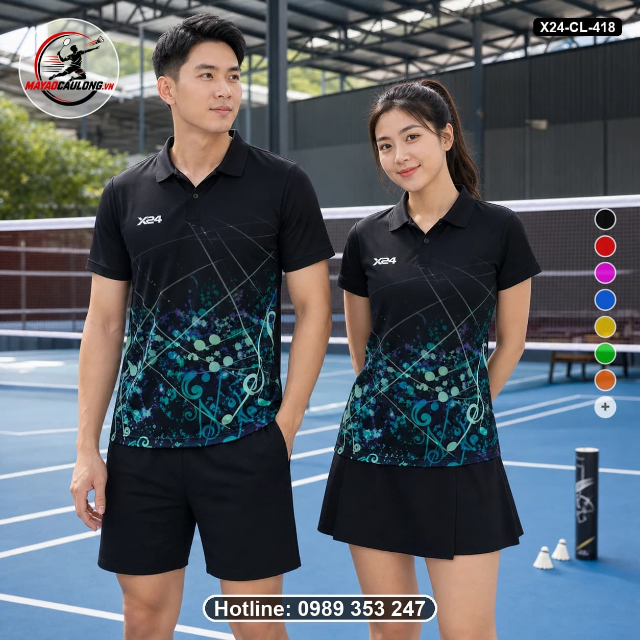 Áo cầu lông đặt may X24-CL-418 đen, xanh ngọc, tím, xanh dương áo có cổ, tay ngắn - ảnh sản phẩm 1