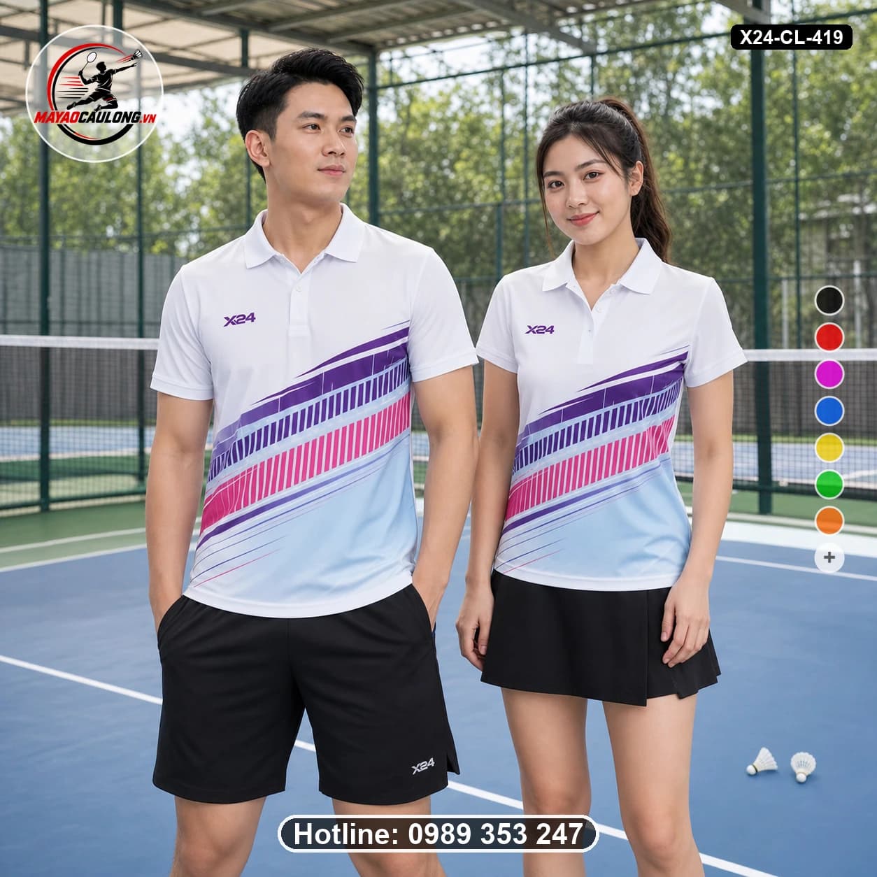 Áo cầu lông đặt may X24-CL-419 trắng, xanh da trời, tím, hồng áo có cổ, tay ngắn - ảnh sản phẩm 1
