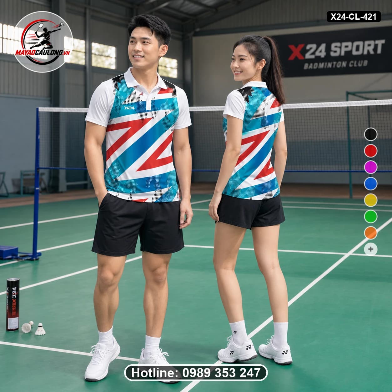 Áo cầu lông đặt may X24-CL-421 xanh dương, đỏ, trắng áo có cổ, tay ngắn - ảnh sản phẩm 1