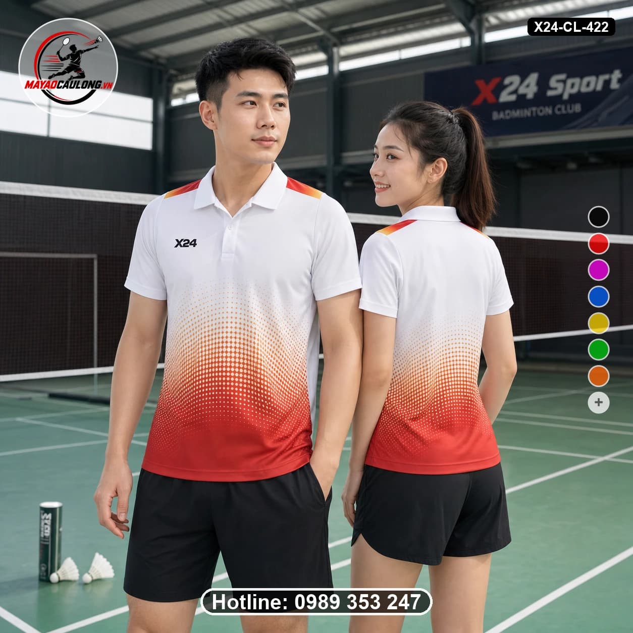 Áo cầu lông đặt may X24-CL-422 trắng, đỏ, cam áo có cổ, tay ngắn - ảnh sản phẩm 1