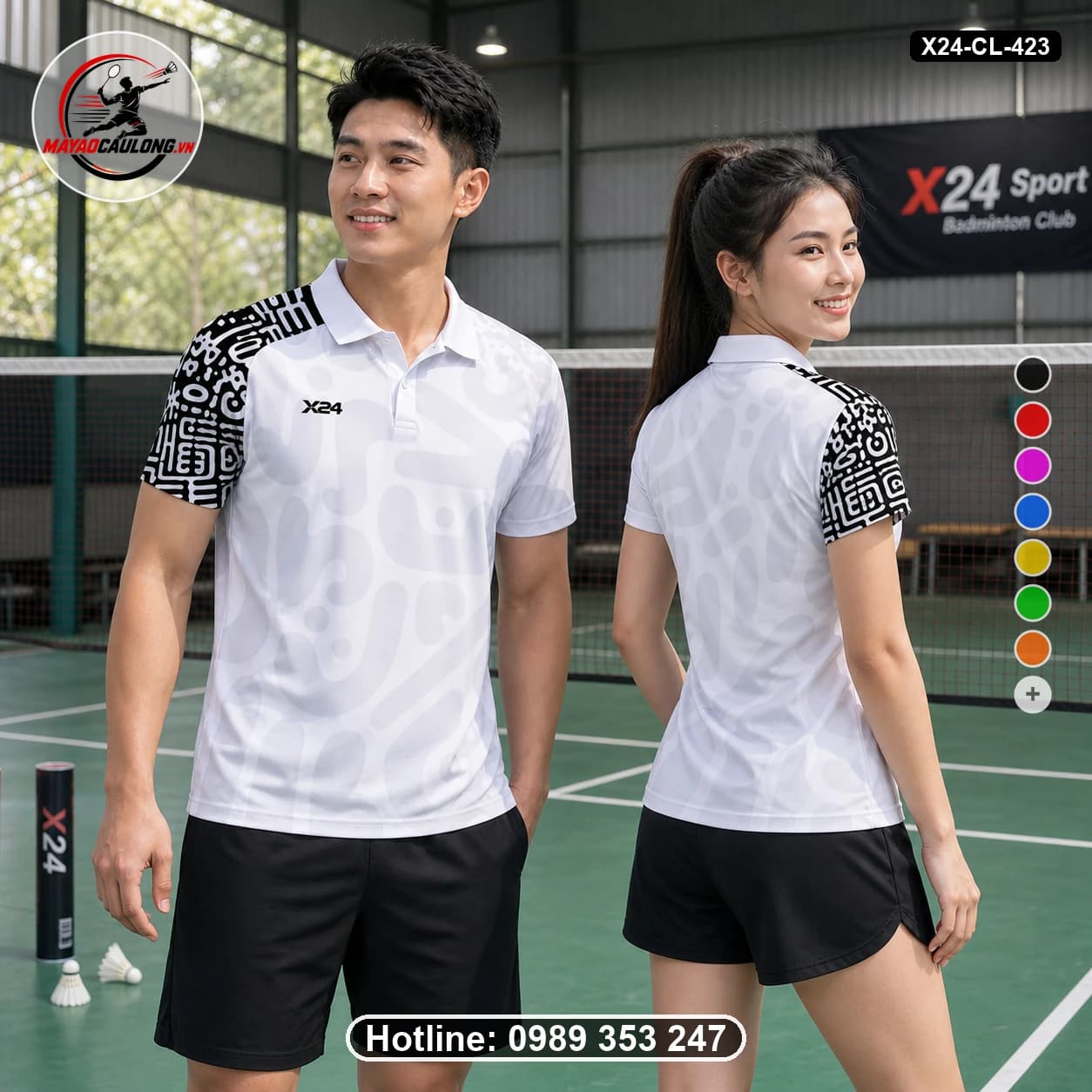 Áo cầu lông đặt may X24-CL-423 trắng, đen, xám áo có cổ, tay ngắn - ảnh sản phẩm 1