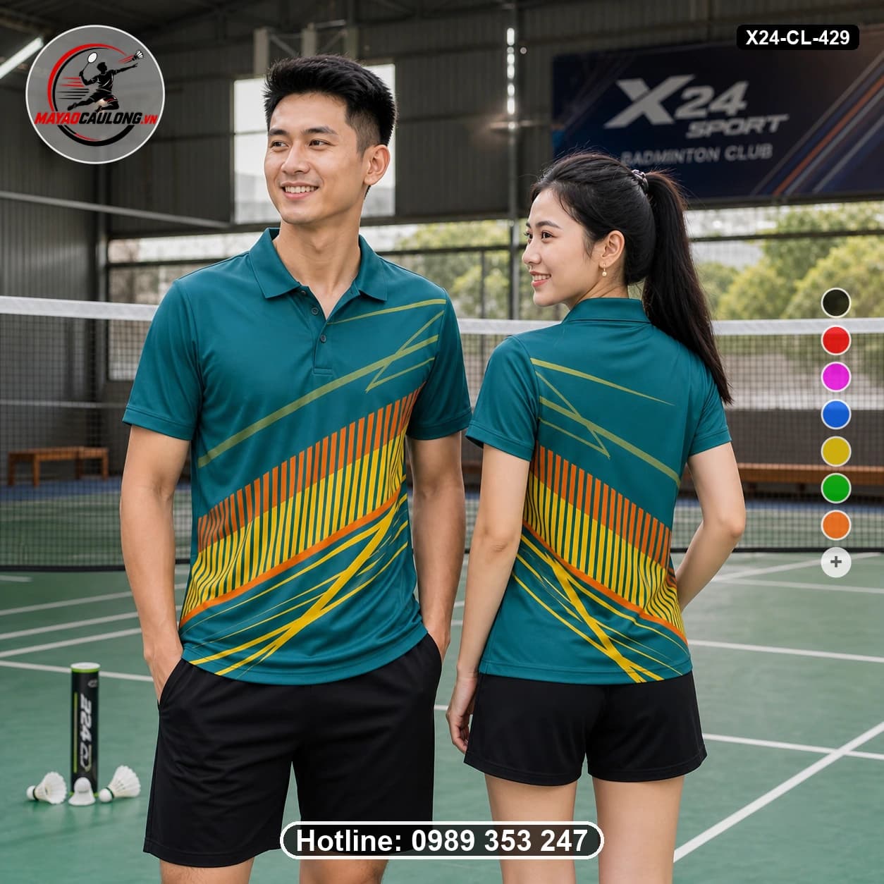 Áo cầu lông đặt may X24-CL-429 xanh teal, vàng, cam áo có cổ, tay ngắn - ảnh sản phẩm 1