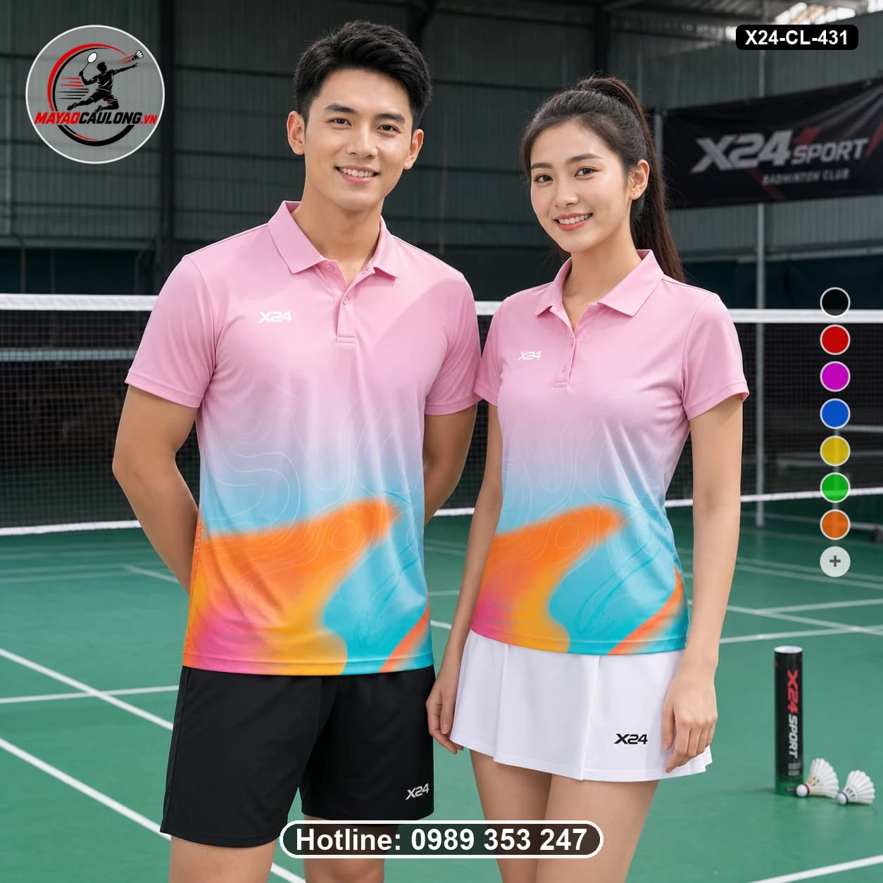 Áo cầu lông đặt may X24-CL-431 hồng pastel, xanh cyan, cam áo có cổ, tay ngắn - ảnh sản phẩm 1