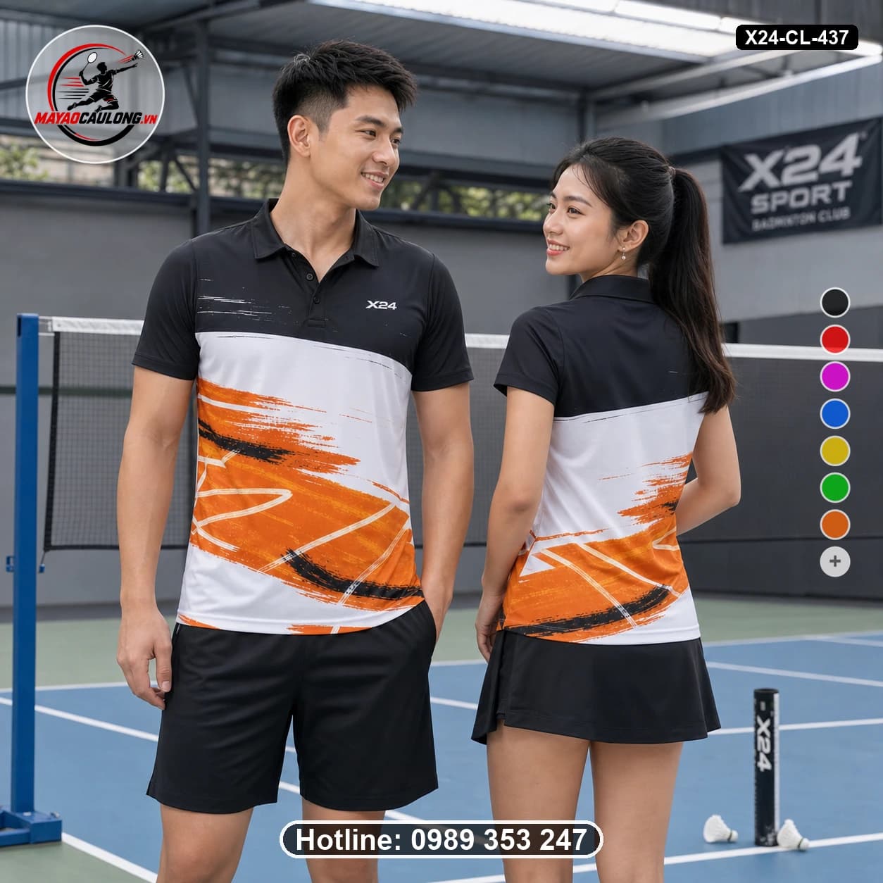 Áo cầu lông đặt may X24-CL-437 đen, trắng, cam áo có cổ, tay ngắn - ảnh sản phẩm 1