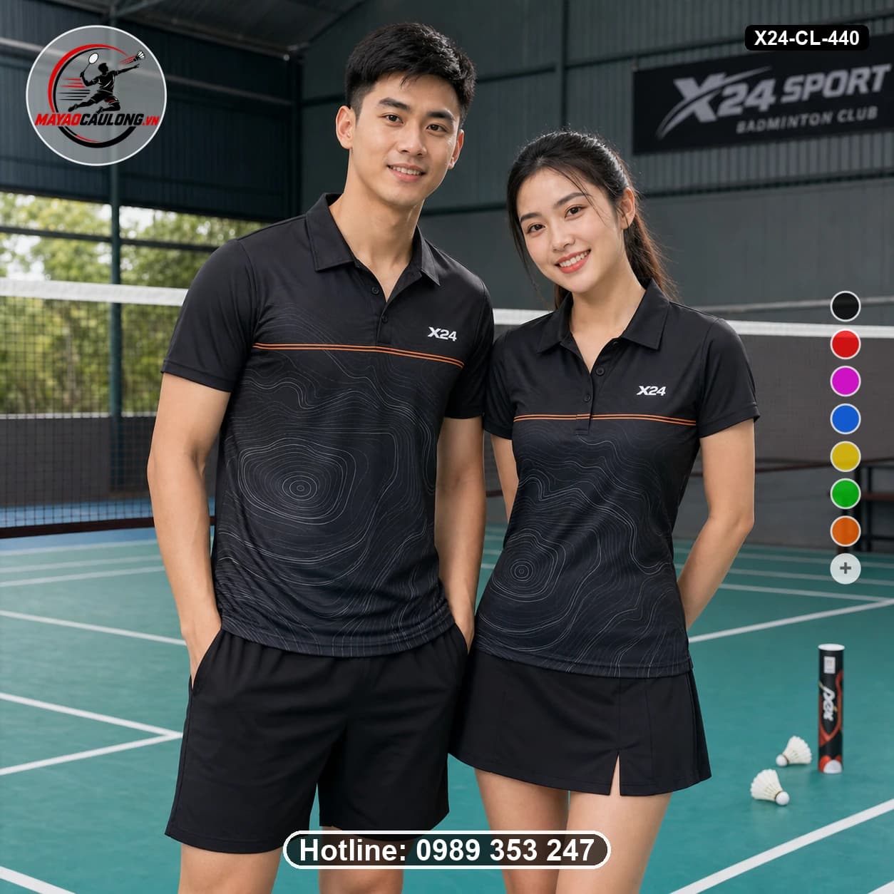 Áo cầu lông đặt may X24-CL-440 đen, xám than áo có cổ, tay ngắn - ảnh sản phẩm 1
