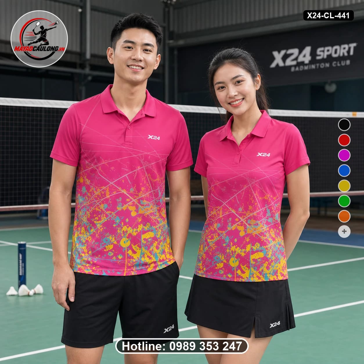 Áo cầu lông đặt may X24-CL-441 hồng đậm, vàng, cam áo có cổ, tay ngắn - ảnh sản phẩm 1
