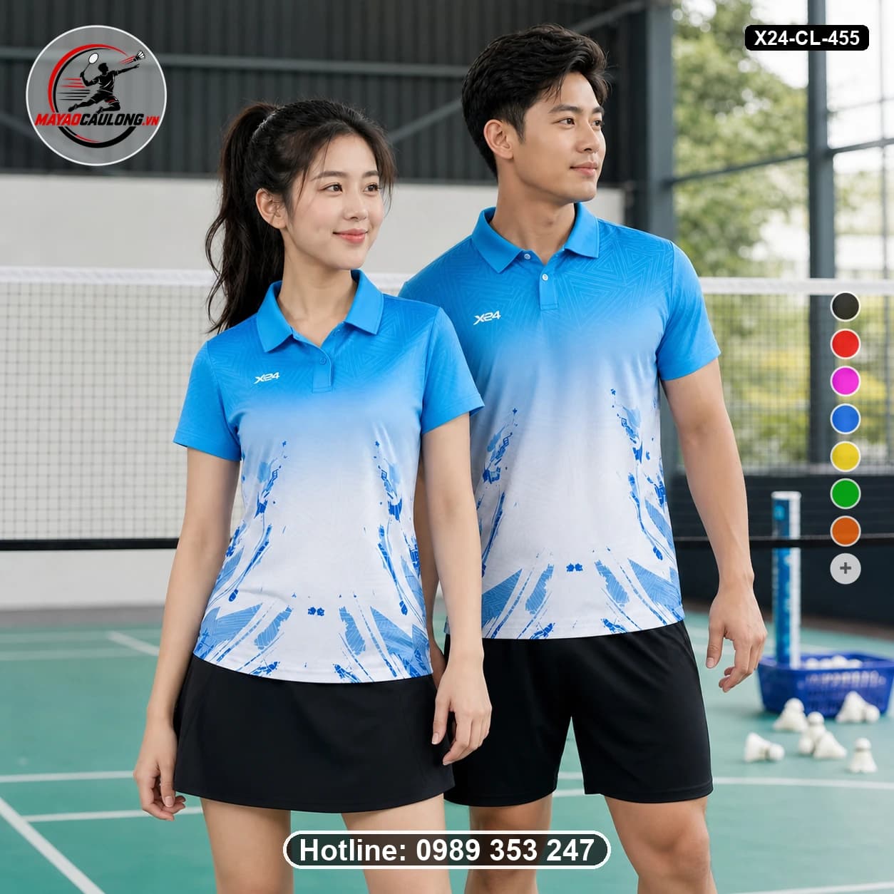 Áo cầu lông đặt may X24-CL-455 xanh cyan, xanh dương, trắng áo có cổ, tay ngắn - ảnh sản phẩm 1