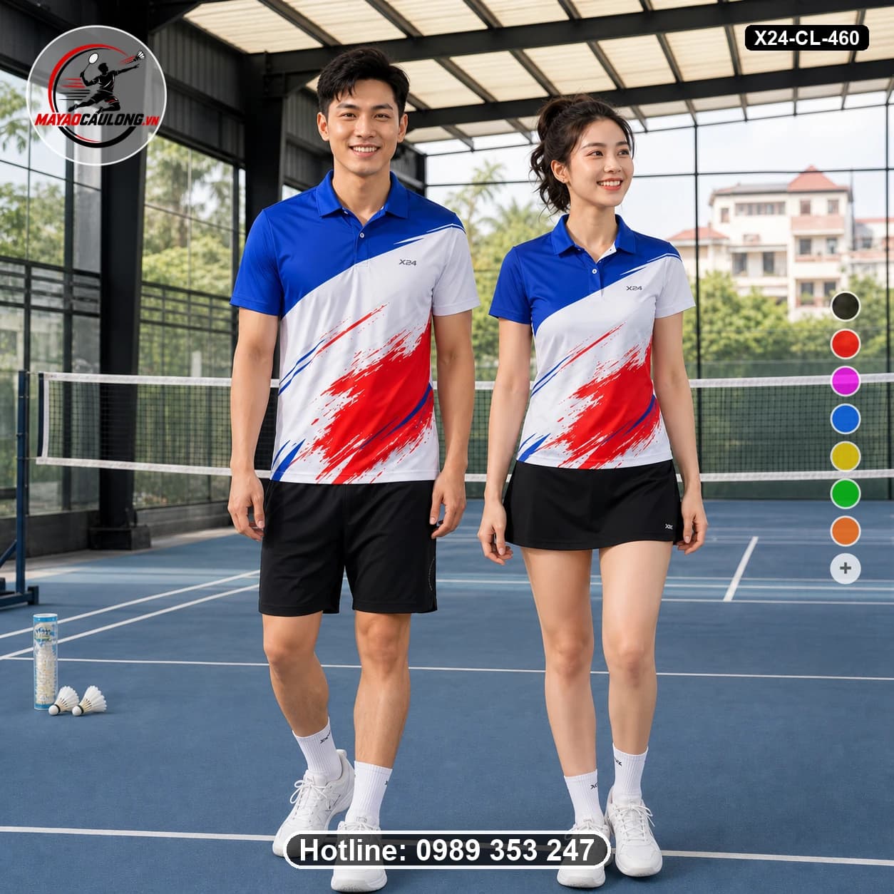 Áo cầu lông đặt may X24-CL-460 xanh dương, trắng, đỏ áo có cổ, tay ngắn - ảnh sản phẩm 1