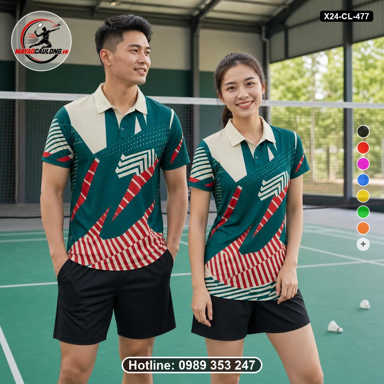 Áo cầu lông đặt may X24-CL-477 xanh lá đậm, kem, đỏ, trắng áo có cổ, tay ngắn - ảnh sản phẩm 1