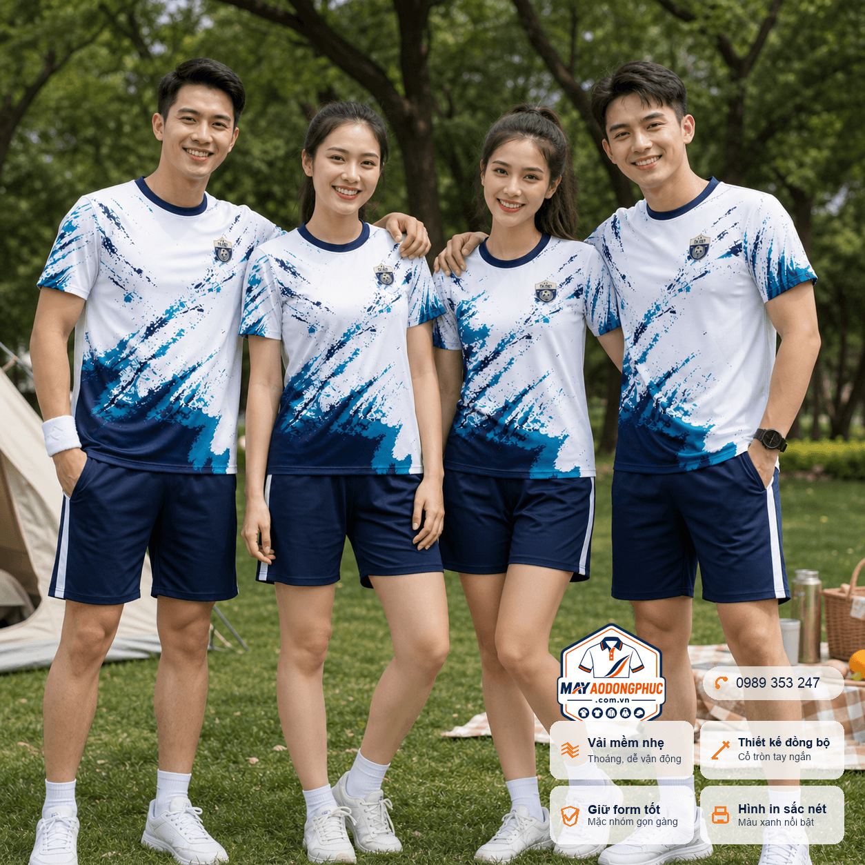 Áo thun đồng phục dã ngoại trắng xanh họa tiết splash – Mã MDP-DN-004
