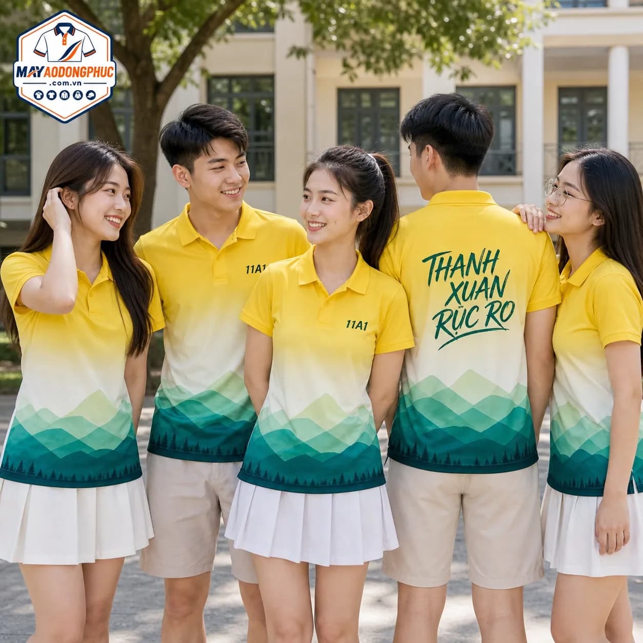 Áo lớp polo vàng mint họa tiết núi – Mã X24-DP-211224