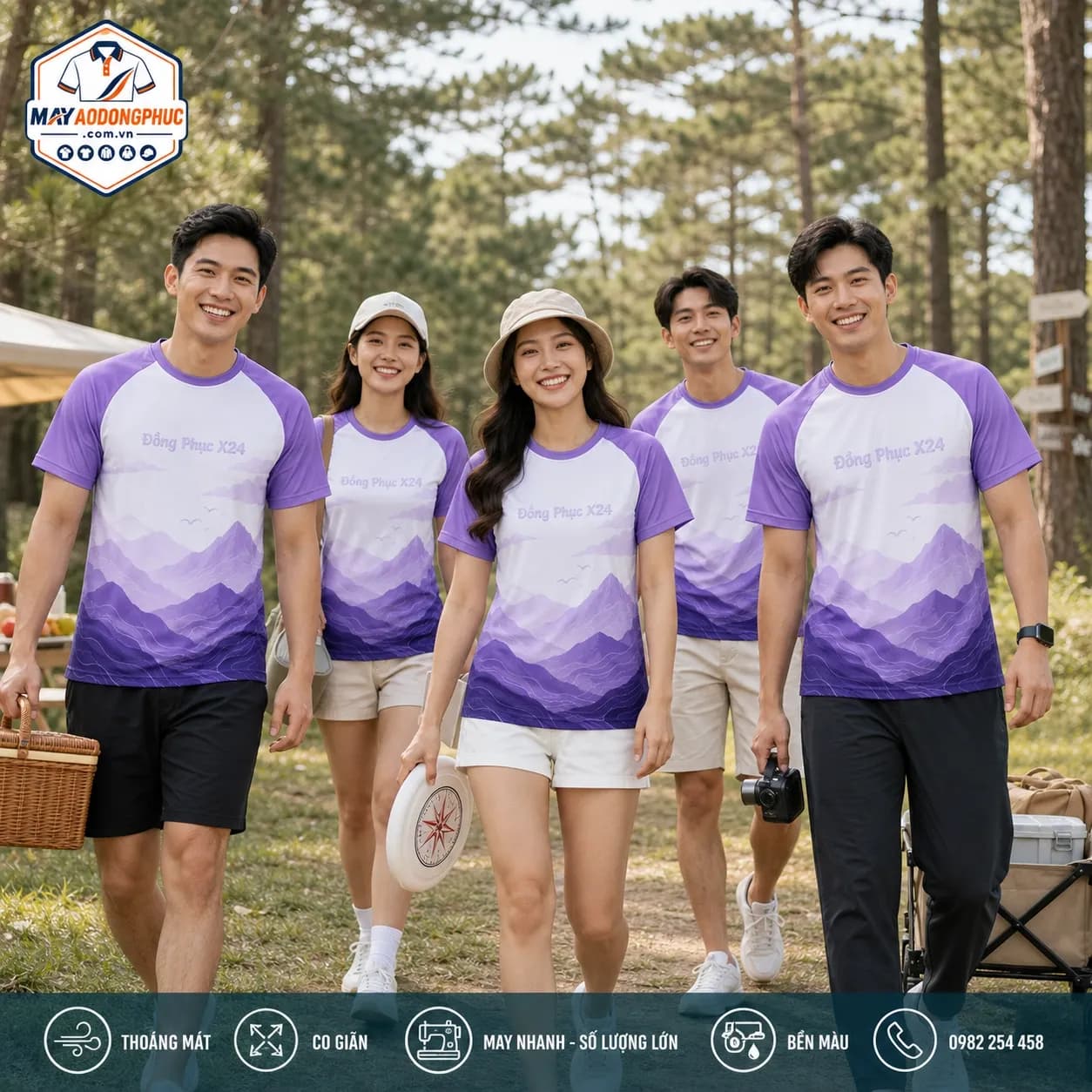 Áo thun tím họa tiết núi đặt may cho team building – Mã MDP-DN-MT-001
