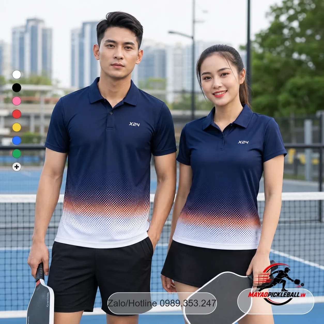 X24-PB-016 - áo pickleball nam nữ có cổ tay ngắn xanh tím than cam trắng