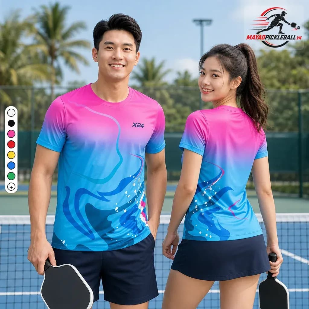 Bộ quần áo pickleball nam nữ X24 màu hồng xanh trên sân pickleball