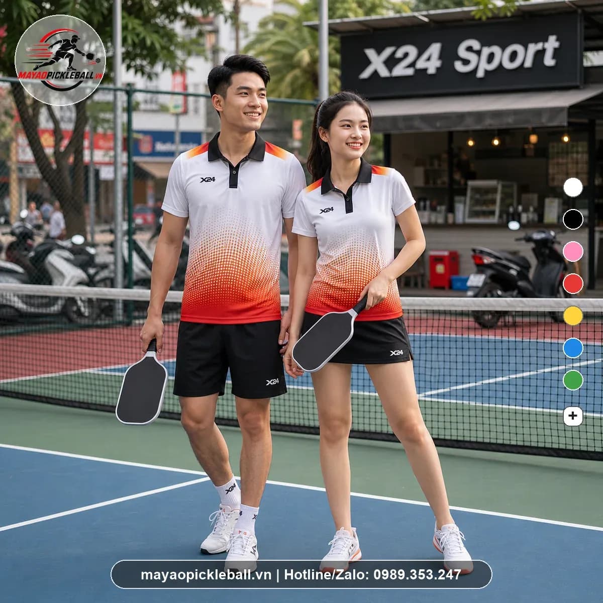 Áo pickleball nam nữ có cổ tay ngắn X24 PB-019 trắng đỏ cam