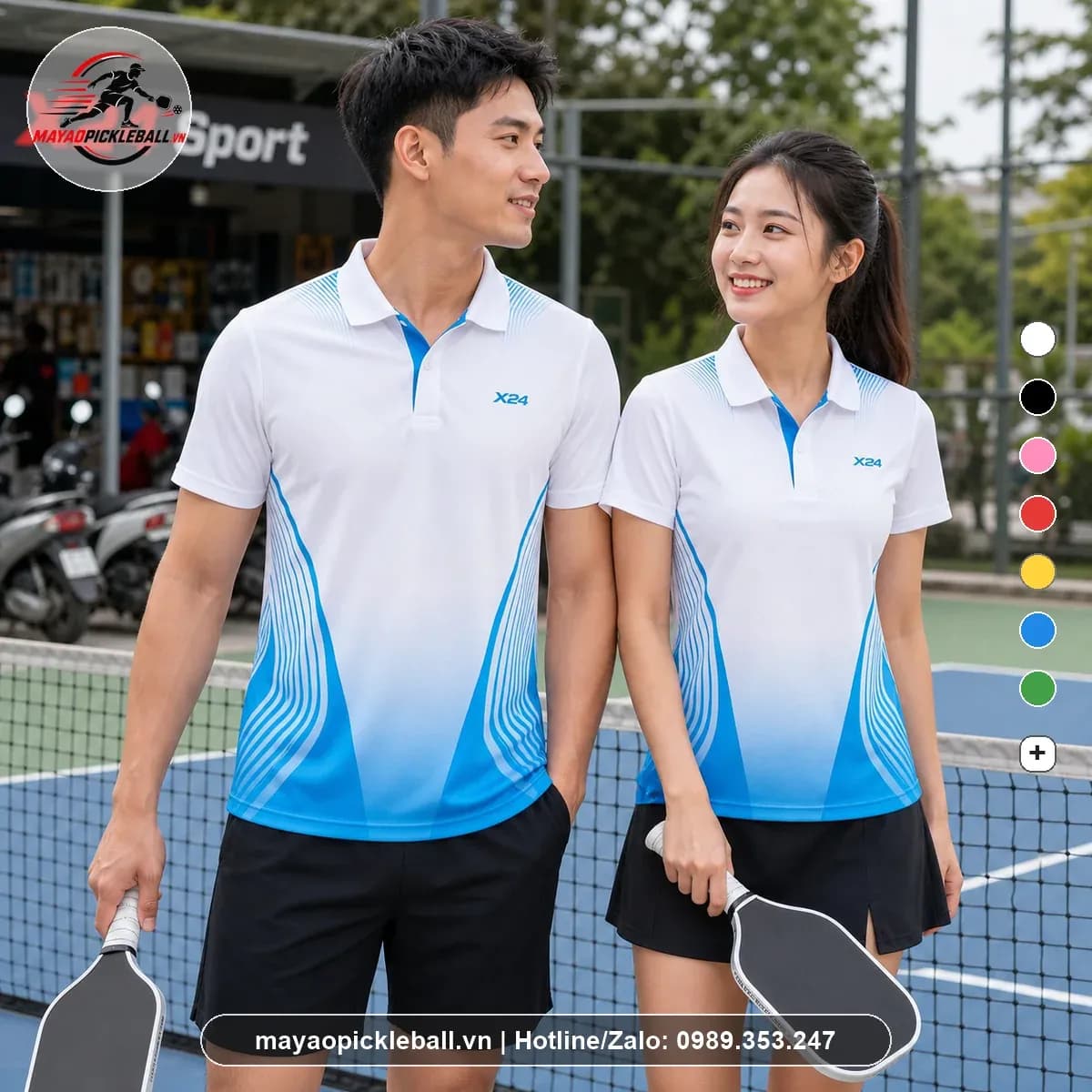 Bộ quần áo pickleball X24 PB-023 trắng xanh dương có cổ