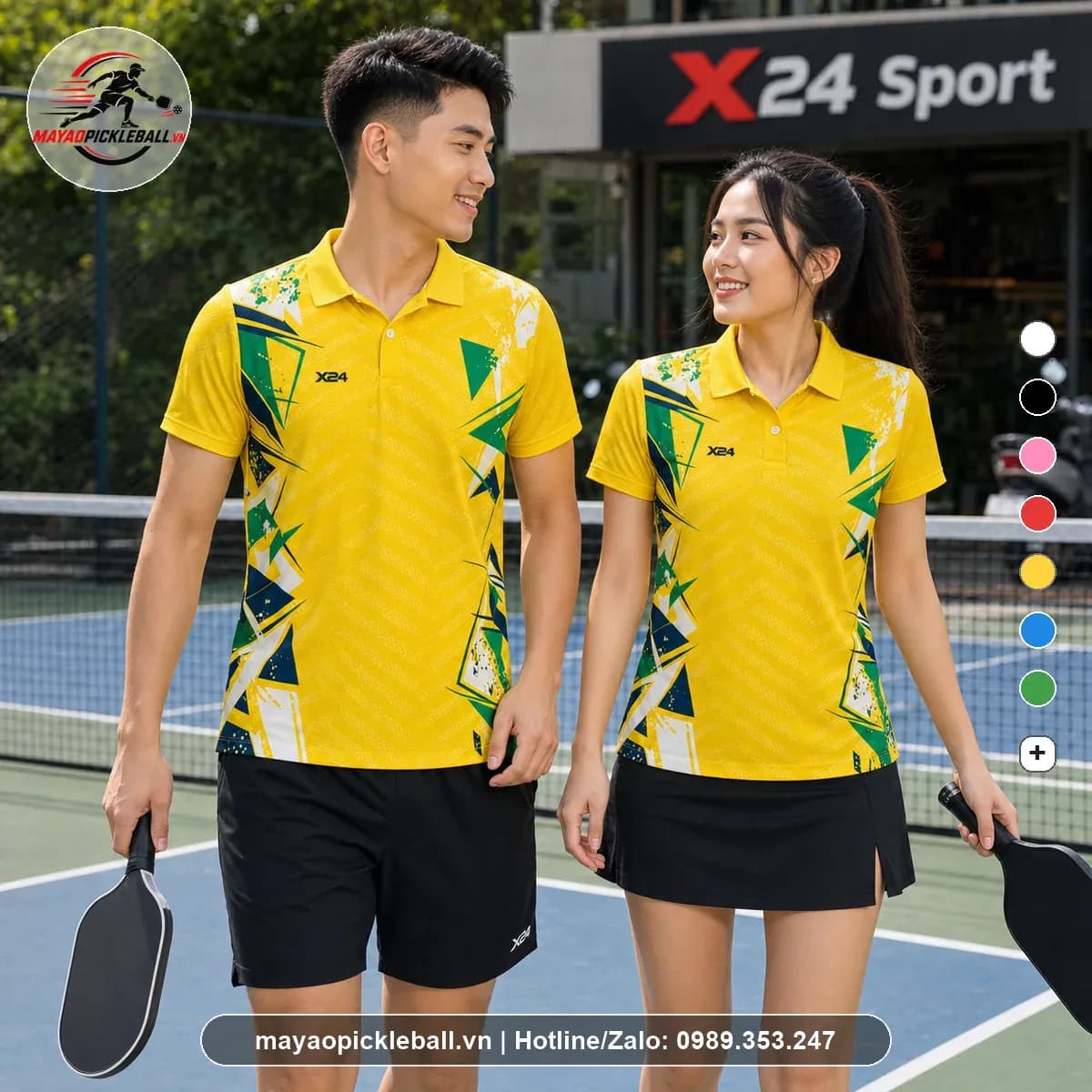 Bộ quần áo pickleball nam nữ X24 vàng xanh có cổ ngắn tay X24-PB-010