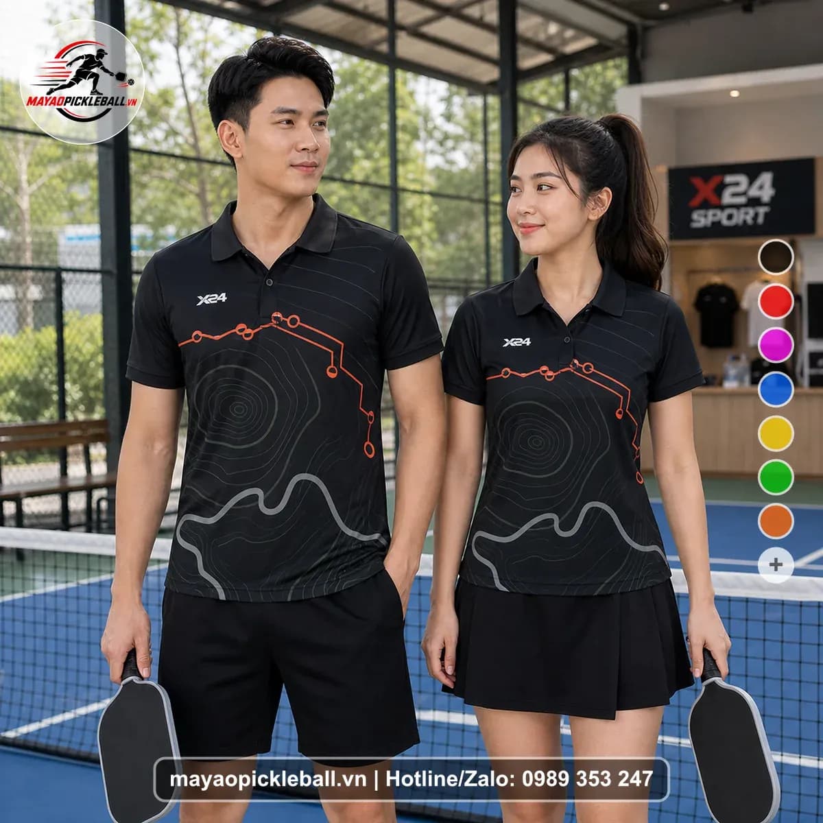 Bộ Quần Áo Pickleball X24-PB-059 Đen Đỏ Cam Xám Năng Động