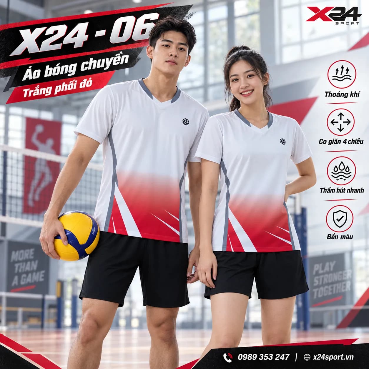 Đồng phục bóng chuyền X24-06 trắng đỏ năng động