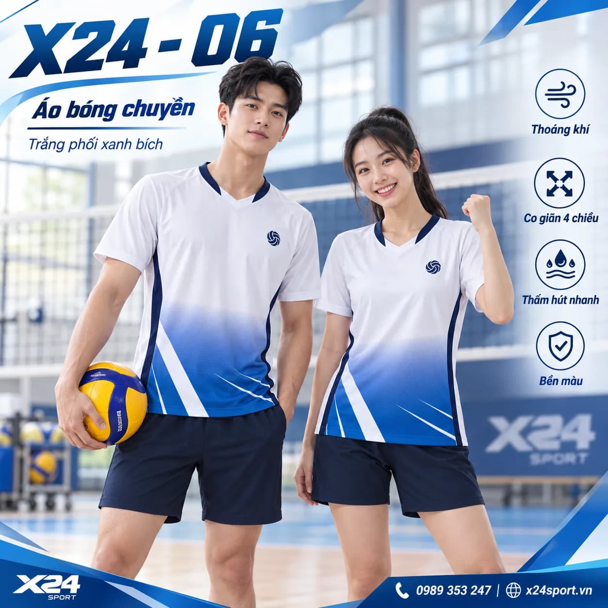 Áo bóng chuyền X24-06 trắng xanh bích – Thiết kế ombre thể thao, vải cao cấp thoáng khí