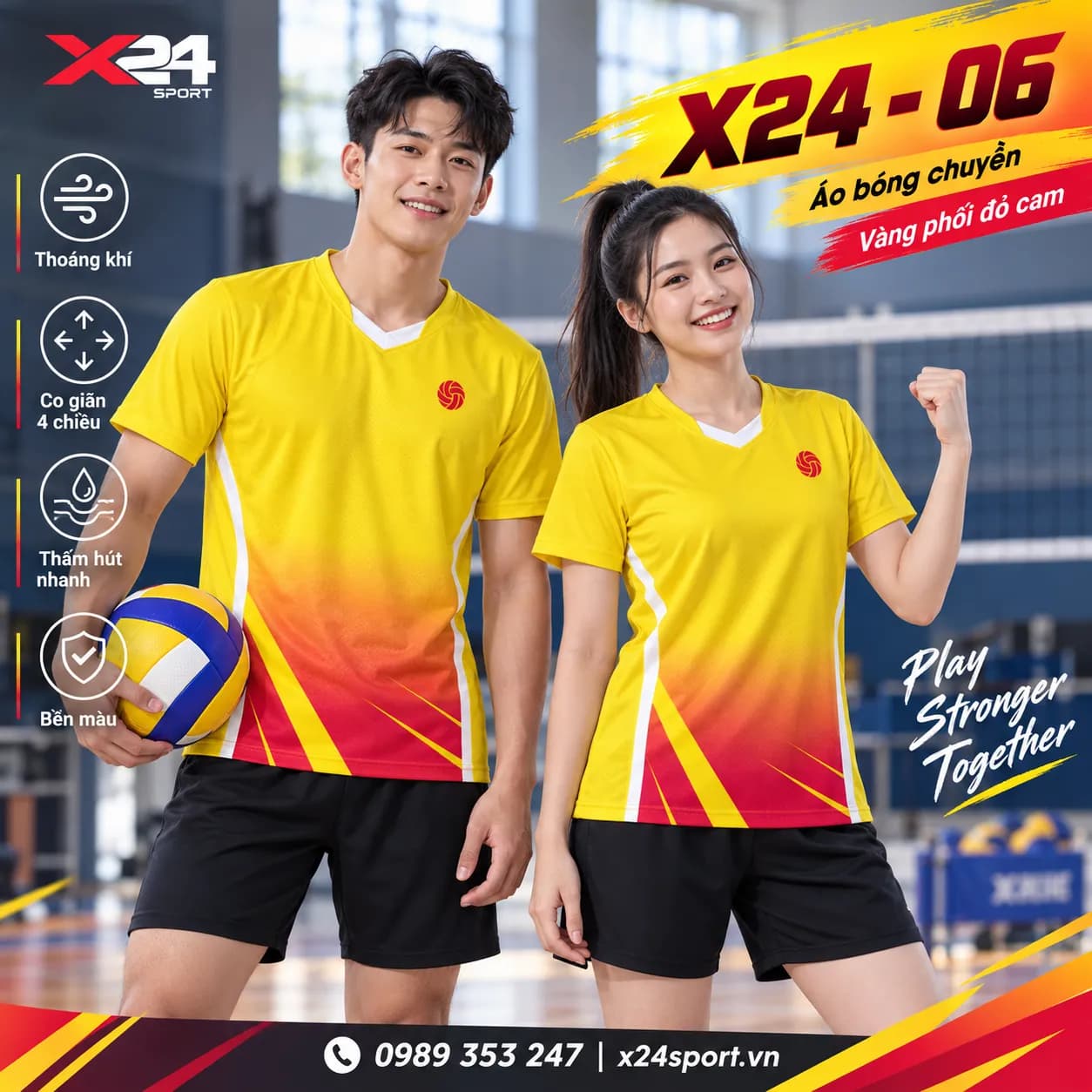 Áo bóng chuyền X24-06 màu vàng phối đỏ cam | Năng lượng & Cá tính