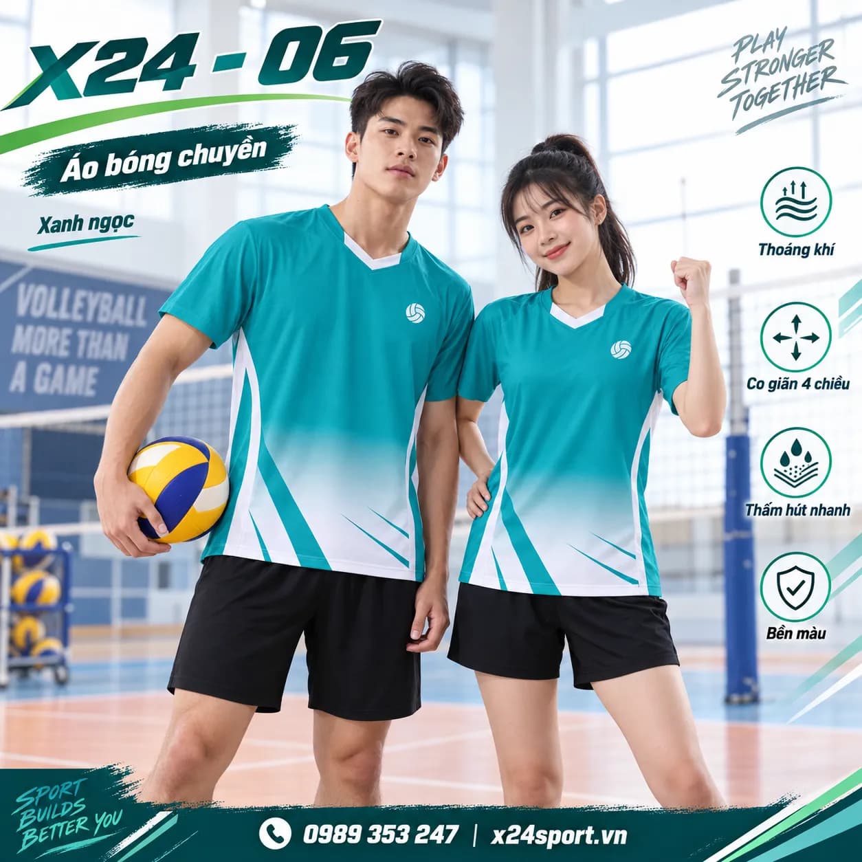 Áo Bóng Chuyền Xanh Ngọc X24-06 – Thiết Kế Năng Động, Phù Hợp Cả Nam & Nữ
