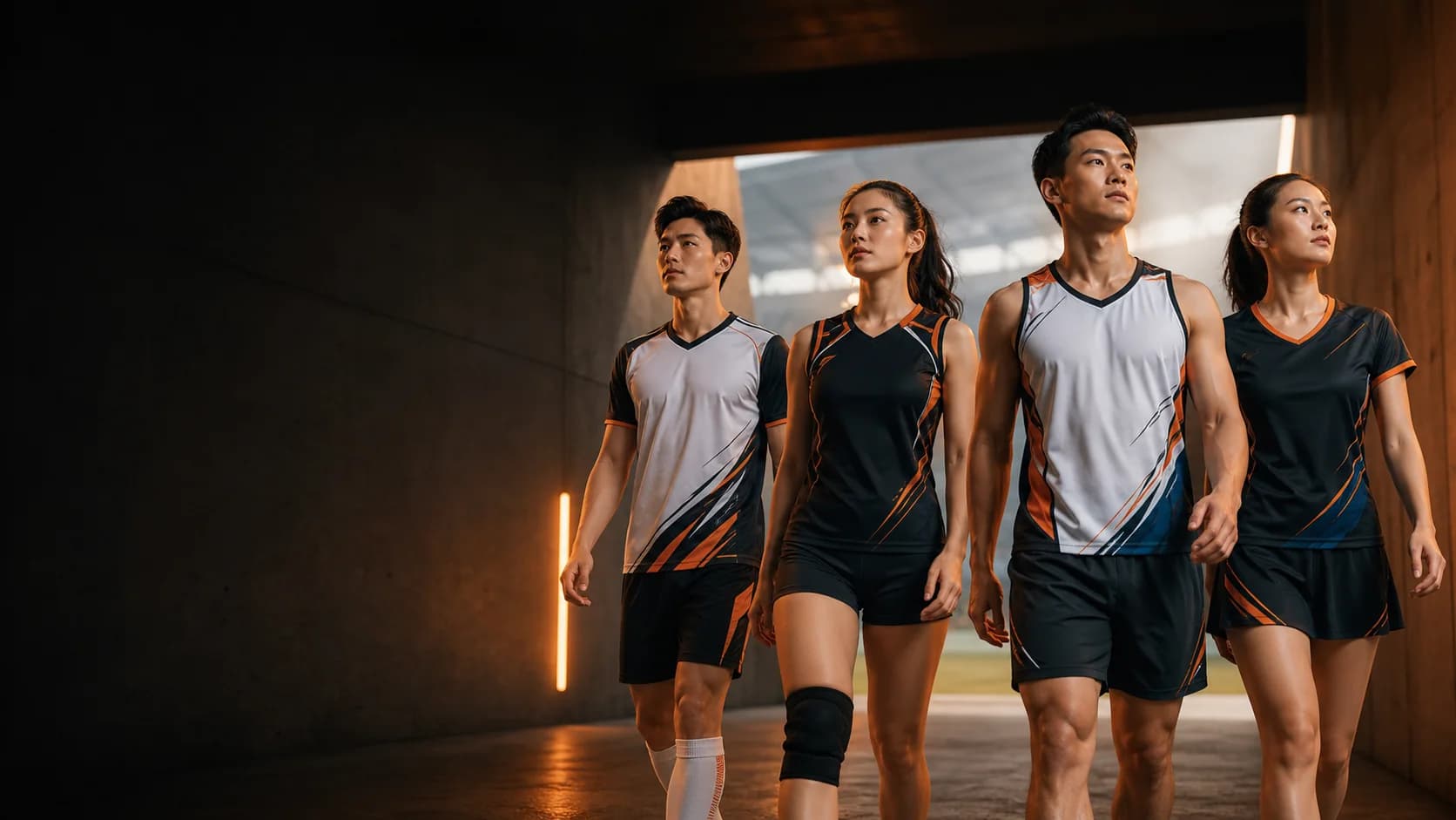 Đội ngũ vận động viên mặc trang phục thể thao thiết kế
