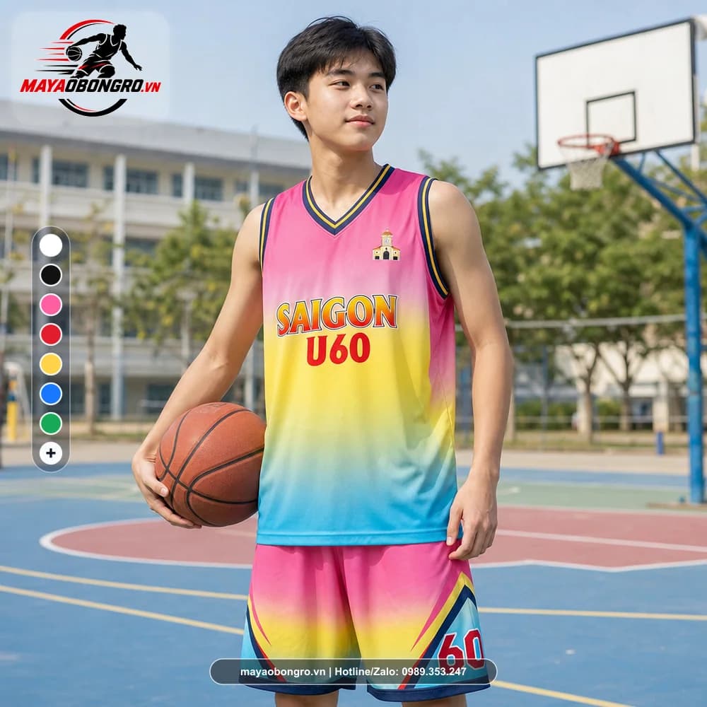 Ảnh mẫu học sinh cấp 3 mặc bộ quần áo bóng rổ SAIGON U60 gradient hồng vàng xanh X24-BR-004