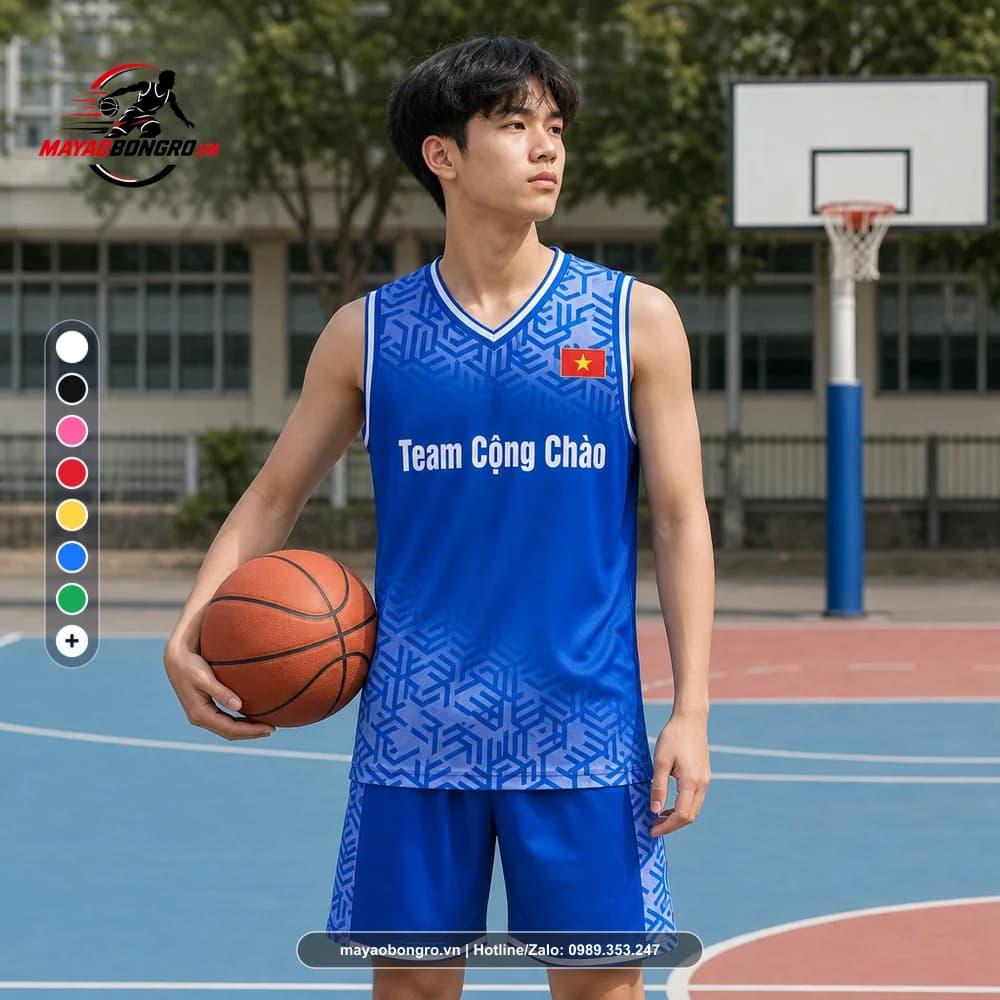 Ảnh mẫu học sinh cấp 3 mặc Bộ Quần Áo Bóng Rổ Team Cộng Chào Xanh X24-BR-010