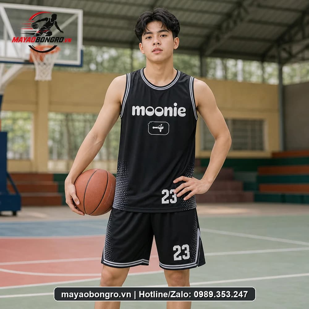 Mẫu bóng rổ Đen Team Moonie cho học sinh trung học phổ thông, người lớn.