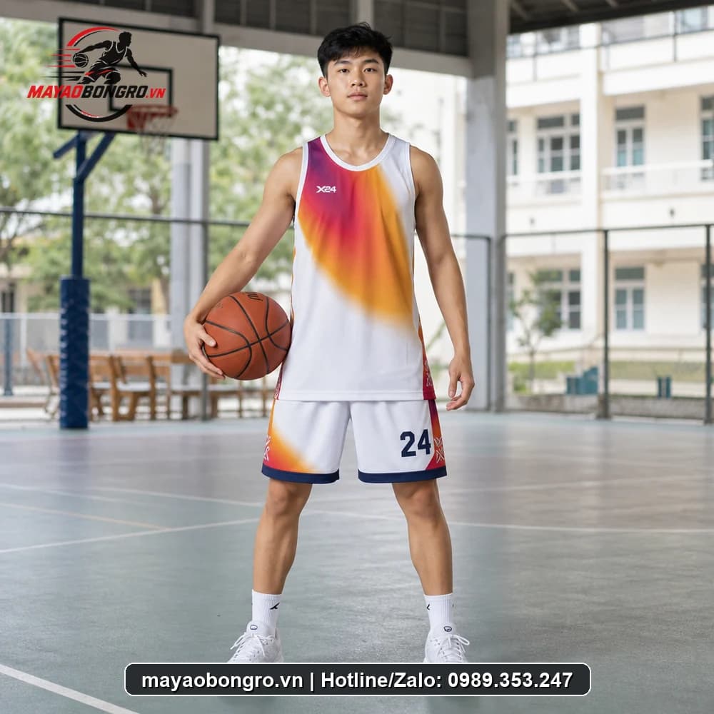Mẫu bóng rổ trắng họa tiết cho học sinh trung học phổ thông, người lớn.