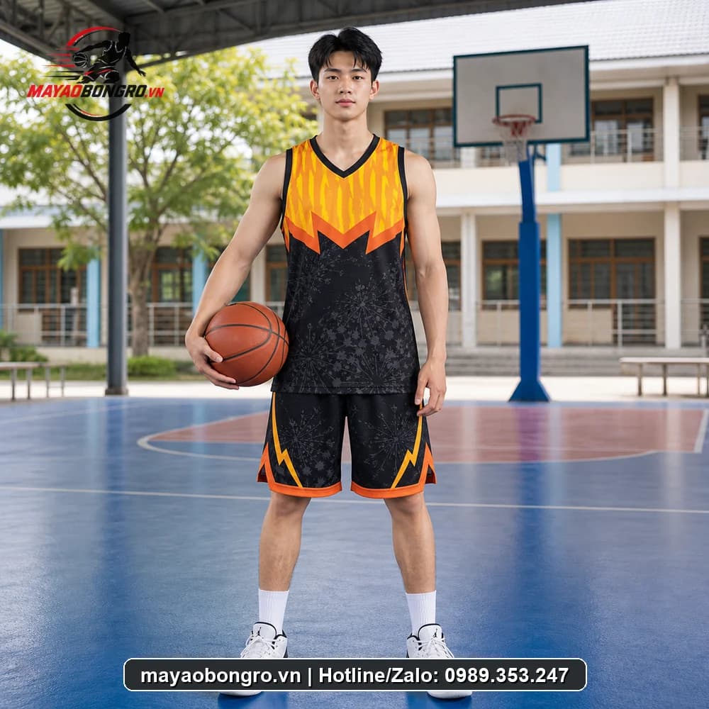 Mẫu bóng rổ Đen Cam cho học sinh trung học phổ thông, người lớn.