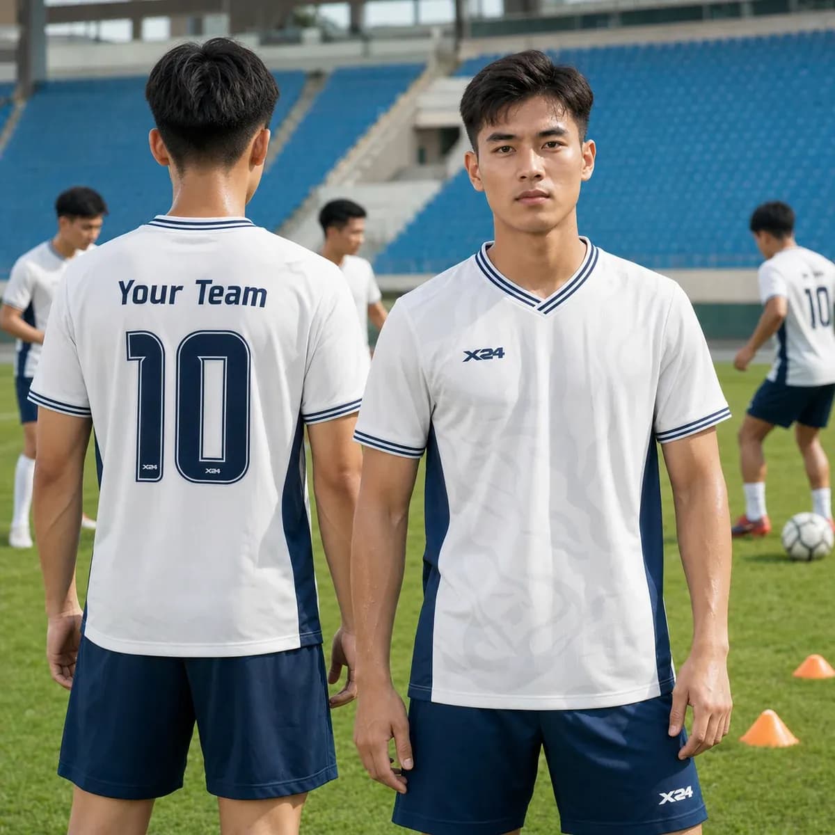 Áo bóng đá trắng xanh đen X24 Sports Forza – Sang trọng, năng động – Mã X24-SRC-BD-3746