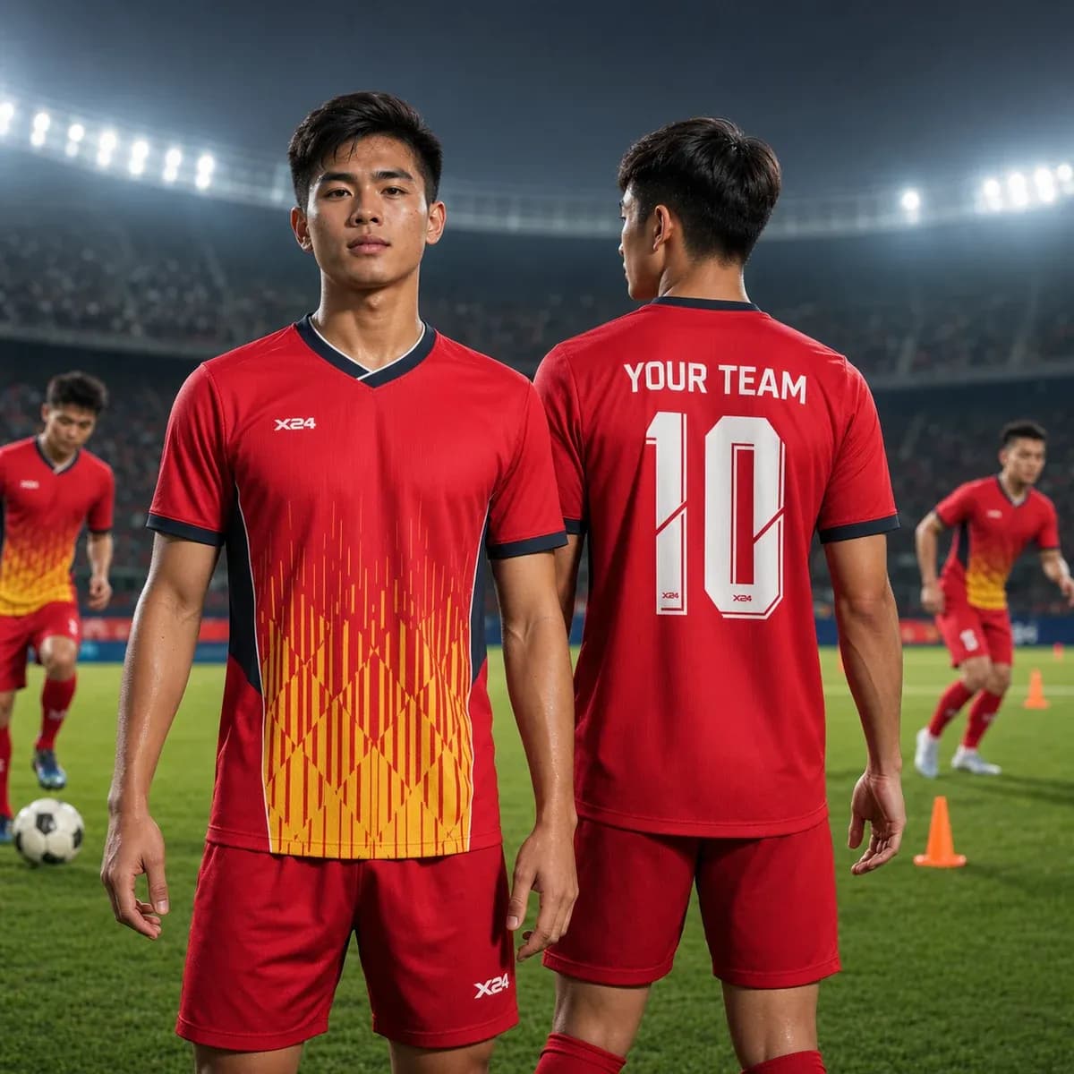 Áo thể thao X24 đỏ – Màu đỏ nổi bật với họa tiết vàng kim lưới kim cương – Mã X24-SRC-BD-3747