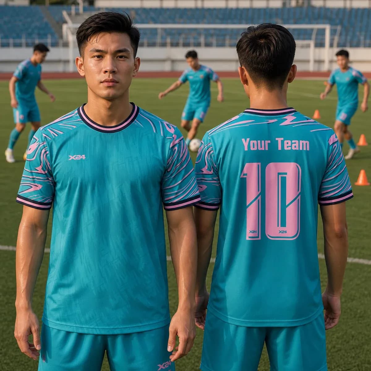 Áo bóng đá X24 Eagle – Xanh ngọc phối hồng pastel – Mã X24-SRC-BD-3751