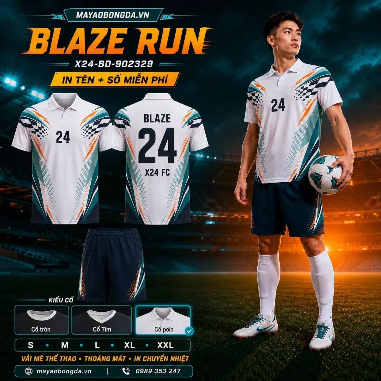 Áo bóng đá Blaze Run trắng xanh cam đặt may cho đội – Mã X24-BD-902329
