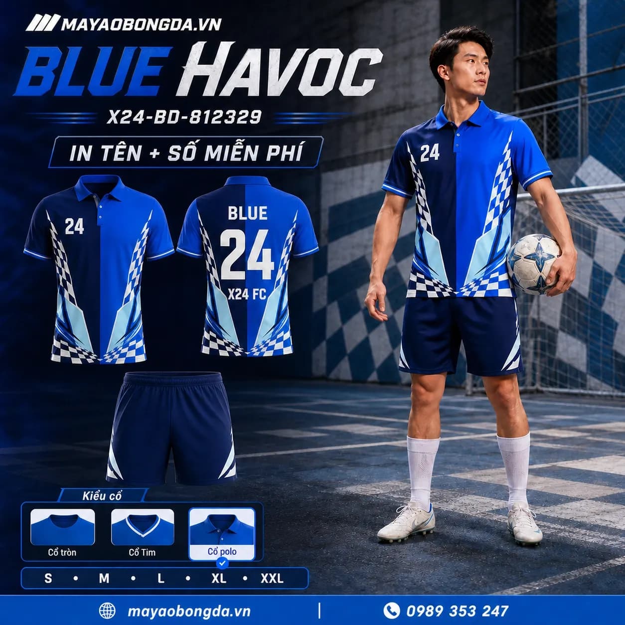 Áo bóng đá Blue Havoc xanh navy trắng đặt may cho đội – Mã X24-BD-812329